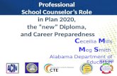 Alcareerinfo.org Professional School Counselor’s Role in Plan 2020, the “new” Diploma, and Career Preparedness C eceilia M ills M eg S mith Alabama Department.