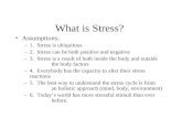 What is Stress? Assumptions: –1. Stress is ubiquitous –2. Stress can be both positive and negative –3. Stress is a result of both inside the body and outside.