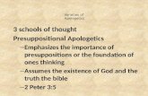 Varieties of Apologetics 3 schools of thought Presuppositional Apologetics – Emphasizes the importance of presuppositions or the foundation of ones thinking.