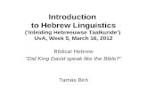 Introduction to Hebrew Linguistics (‘Inleiding Hebreeuwse Taalkunde’) UvA, Week 5, March 16, 2012 Biblical Hebrew “Did King David speak like the Bible?”