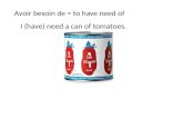 Avoir besoin de = to have need of I (have) need a can of tomatoes.