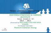 TEXAS LITERACY INITIATIVE OVERVIEW ROUTINES/STRATEGIES & SUMMER INSTITUTE Focus: Grades 6 - 12 2014 - 2015 Presented by PACE EARLY COLLEGE HIGH SCHOOL.