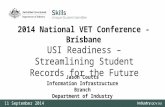 USI Readiness – Streamlining Student Records for the Future Jason Coutts Information Infrastructure Branch Department of Industry 11 September 2014 2014.
