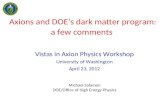 Axions and DOE’s dark matter program: a few comments Vistas in Axion Physics Workshop University of Washington April 23, 2012 Michael Salamon DOE/Office.