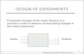 DESIGN OF EXPERIMENTS Purposeful changes of the inputs (factors) to a process in order to observe corresponding changes in the output (response). Process.