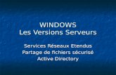WINDOWS Les Versions Serveurs Services Réseaux Etendus Partage de fichiers sécurisé Active Directory.