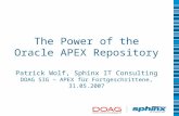 The Power of the Oracle APEX Repository Patrick Wolf, Sphinx IT Consulting DOAG SIG – APEX für Fortgeschrittene, 31.05.2007.