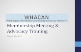 WHACAN Membership Meeting & Advocacy Training, August 15, 2013