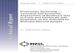 Preliminary Screening Technical and Economic Assessment of Synthesis Gas to Fuels and Chemicals