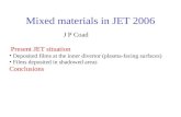 Mixed materials in JET 2006 J P Coad Present JET situation Deposited films at the inner divertor (plasma-facing surfaces) Films deposited in shadowed areas.