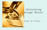 Unlocking The Teenage Brain True or False. True or False? 1. We often refer to teenagers as "young adults" because their brain development gives them.