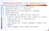 1 Determinants of Elasticity 1.Availability of substitutes 2.Necessities vs. Luxuries 3.Importance in the Buyers Budget 4.Time Horizon The demand is more.