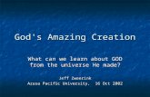 God's Amazing Creation What can we learn about GOD from the universe He made? Jeff Zweerink Azusa Pacific University, 16 Oct 2002.