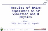 Gr. I, 10/9/01 Luca Lista L.Lista INFN Sezione di Napoli Results of B A B AR experiment on CP violation and B physics.
