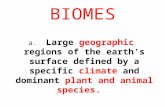 BIOMES a. Large geographic regions of the earth’s surface defined by a specific climate and dominant plant and animal species.
