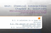 Unit: Chemical Interactions Chapter 8: Solutions When substances dissolve to form solutions, the properties of the mixture change. 8.1: A solution is a.
