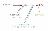 Acceleration a=F/m Velocity v= v 0 + at Position x = x 0 + v 0 t + ½ at 2 FORCES NET FORCE.