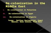 I. De-colonization in Palestine II. De-colonization in Egypt III. De-colonization in Algeria Terms: Balfour Declaration, Gamal Nasser, Suez Crisis, Pied.