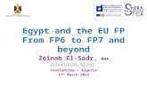 Egypt and the EU FP From FP6 to FP7 and beyond Zeinab El-Sadr, MBA zelsadr@rdi.eg.net Constantine – Algeria 17 th March 2013.