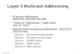 1April 16, 2002 Layer 3 Multicast Addressing IP group addresses 224.0.0.0–239.255.255.255 “Class D” addresses = high order bits of “1110” Special reserved.