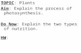 TOPIC: Plants Aim: Explain the process of photosynthesis. Do Now: Explain the two types of nutrition. HW: