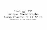 Biology 331 Unique Chemotrophs Mostly Chapters 12, 13, 17, 19 Most nitrogen reactions covered in lab.