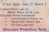 Entry Task: Dec 7 th Block 1 Collect Post Lab on Molar Mass of VL Lab Discuss three handouts Combination/Ideal ws Ideal and Stoich ws All Gas Law w.s Discuss.