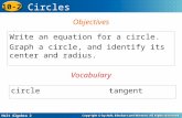 Holt Algebra 2 10-2 Circles Write an equation for a circle. Graph a circle, and identify its center and radius. Objectives circletangent Vocabulary.