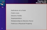 TOC 1 Physics 212 Electric Fields Definition of a Field Field Lines Electric Fields Superposition Relationship to Electric Force Field as a Physical Property.