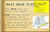 Bell Work 9/22/14 1.How MUCH did you study last week? 2.HOW did you study? (example: flash cards/online quiz) 3. What percent do you think you earned on.