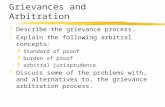 Grievances and Arbitration zDescribe the grievance process. zExplain the following arbitral concepts: yStandard of proof yburden of proof yarbitral jurisprudence.
