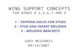 WING SUPPORT CONCEPTS FOR WINGS # 2,3,6,7 AND 9 GARY MCGINNIS 09/19/2007 1 – TAPPING HOLES FOR STUDS 2 – STUD AND INSERT WELDING 3 – WELDING BRACKETS.