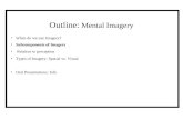 Outline: Mental Imagery When do we use Imagery? Subcomponents of Imagery. Relation to perception Types of Imagery: Spatial vs. Visual Oral Presentations:
