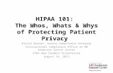 HIPAA 101: The Whos, Whats & Whys of Protecting Patient Privacy Krista Barnes, Senior Compliance Attorney Institutional Compliance Office at MD Anderson.