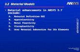 Training Manual 001419 15 Aug 2000 3.2-1 3.2 Material Models Material enhancements in ANSYS 5.7 include: A. Material Definition GUI B. Hyperelasticity.