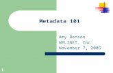 1 Metadata 101 Amy Benson NELINET, Inc. November 7, 2005.