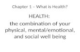 Chapter 1 – What is Health? HEALTH: the combination of your physical, mental/emotional, and social well being.