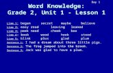 Word Knowledge: Grade 2, Unit 1 - Lesson 1 Line 1: began secret maybe believe Line 2: easy read leaving leaned Line 3: peek need cheek bee Line 4 : book.