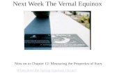 Now on to Chapter 12: Measuring the Properties of Stars Next Week The Vernal Equinox When does the Spring Equinox Occur?