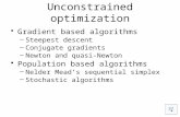 Unconstrained optimization Gradient based algorithms –Steepest descent –Conjugate gradients –Newton and quasi-Newton Population based algorithms –Nelder.