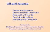Oil and Grease Types and Sources Environmental Problems Removal of Free Oil Emulsion Breaking Sampling and Analysis Prepared By Michigan Department of.