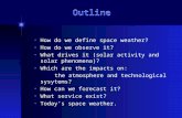 Outline How do we define space weather? How do we observe it? What drives it (solar activity and solar phenomena)? Which are the impacts on: the atmosphere.