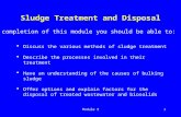 Module 91 Sludge Treatment and Disposal  Discuss the various methods of sludge treatment  Describe the processes involved in their treatment  Have an.