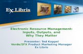 Electronic Resource Management: Inputs, Outputs, and Why They Matter Presenter: Ted Koppel Verde/SFX Product Marketing Manager Ex Libris.