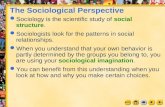 1 Chapter 3 The Sociological Perspective Sociology is the scientific study of social structure. Sociologists look for the patterns in social relationships.