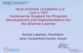 PEJE DIVERSE LEARNERS CoP June 4, 2007 Community Support for Program Development and Implementation for the Diverse Learner Donna Lupatkin, Facilitator.
