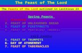 The Feasts of the Lord outlined in Leviticus 23 Spring Feasts 1. PASSOVER 2. FEAST OF UNLEAVENED BREAD 3. FEAST OF FIRSTFRUITS 4. FEAST OF PENTECOST (WEEKS)