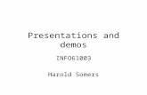 Presentations and demos INFO61003 Harold Somers. Overview General remarks Structure and planning Timing Preparation Delivery Visual aids: – Powerpoint.