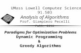 UMass Lowell Computer Science 91.503 Analysis of Algorithms Prof. Giampiero Pecelli Fall, 2010 Paradigms for Optimization Problems Dynamic Programming.