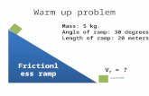 Warm up problem Frictionless ramp Mass: 5 kg. Angle of ramp: 30 degrees Length of ramp: 20 meters V f = ?